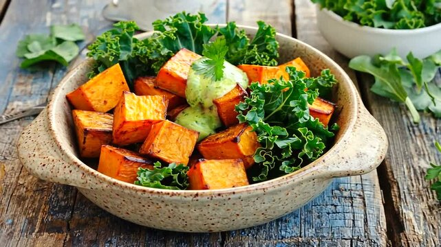 Roasted sweet potato cubes on a bed of kale with a green sauce, rustic wooden table setting