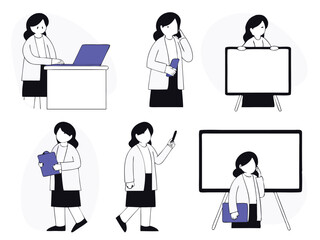 Businesswoman in various poses demonstrating professional activities and actions in clean vector illustration