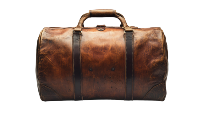 Vintage leather duffel travel bag background isolated on a Transparent background, PNG file.