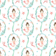 Children's seamless pattern Mermaid inside frame algae, seaweed, stars, seashell, corals underwater bubbles. Watercolor kid's illustration pastel colors isolated from background. Sea wreath template
