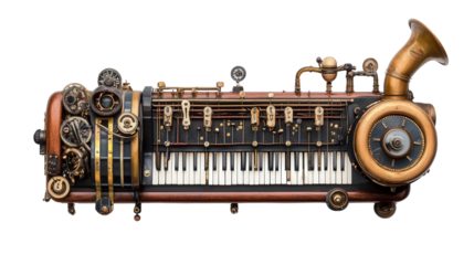 Unique steampunk-inspired mechanical musical instrument background isolated on a Transparent background, PNG file.