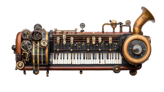 Unique steampunk-inspired mechanical musical instrument background isolated on a Transparent background, PNG file.