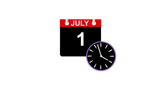 July month 1 date calendar icon clock white color animation 4k video. 