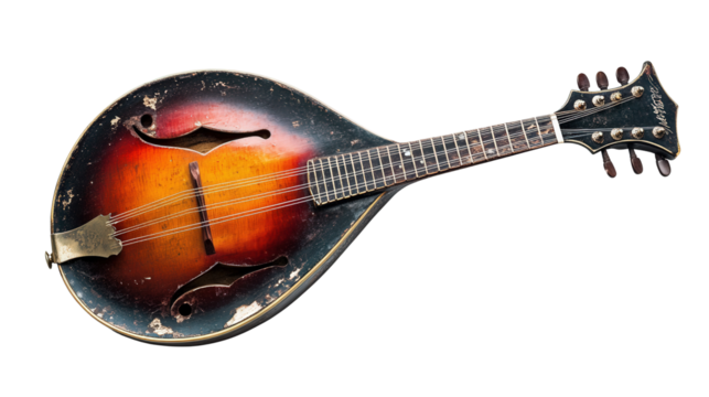 Vintage mandolin with sunburst finish background isolated on a Transparent background, PNG file.