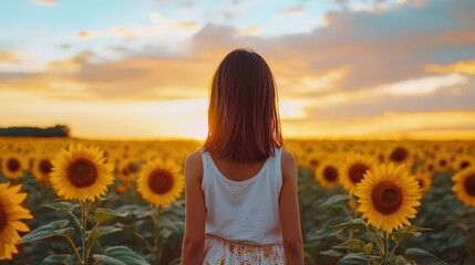 Sunflower fields stretching into the distance under a bright summer sky, styled for joy