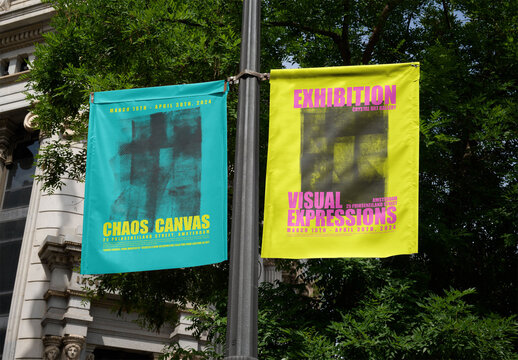Outdoor ad flag banner mockup in Madrid