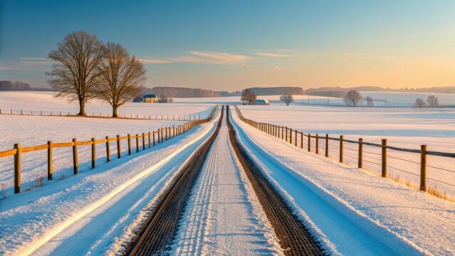 Snow blankets the long, parallel railway tracks stretching into the distance under a vast winter sky