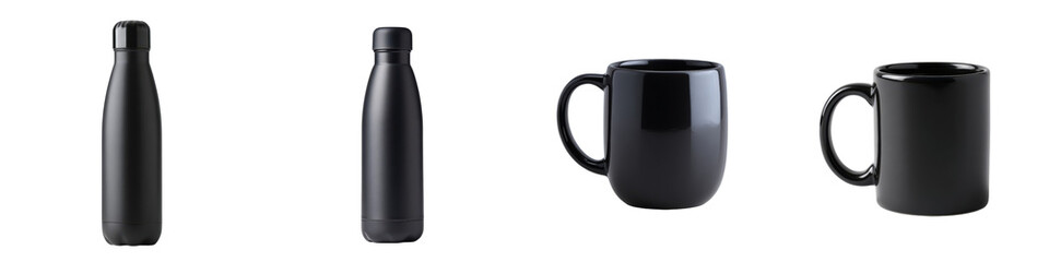 Elegant drinkware showcasing thermal bottles and mugs, representing beverage enjoyment and a modern lifestyle with sleek design