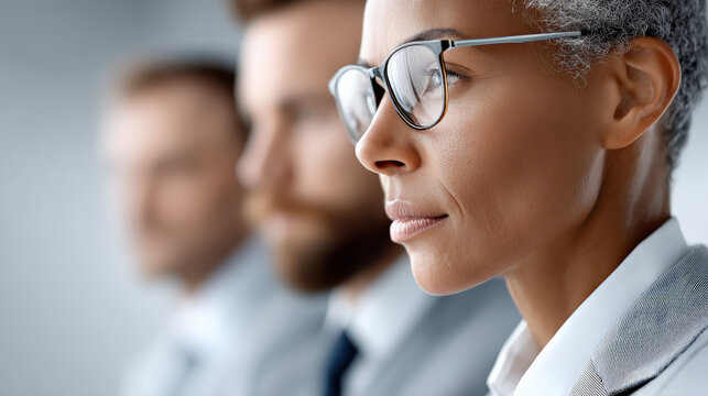 Professional diverse individuals in formal attire focused on business strategy with blurred colleagues in background - Powered by Adobe