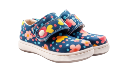 Velcro toddler shoes with cute patterns, background isolated on a Transparent background, PNG file.