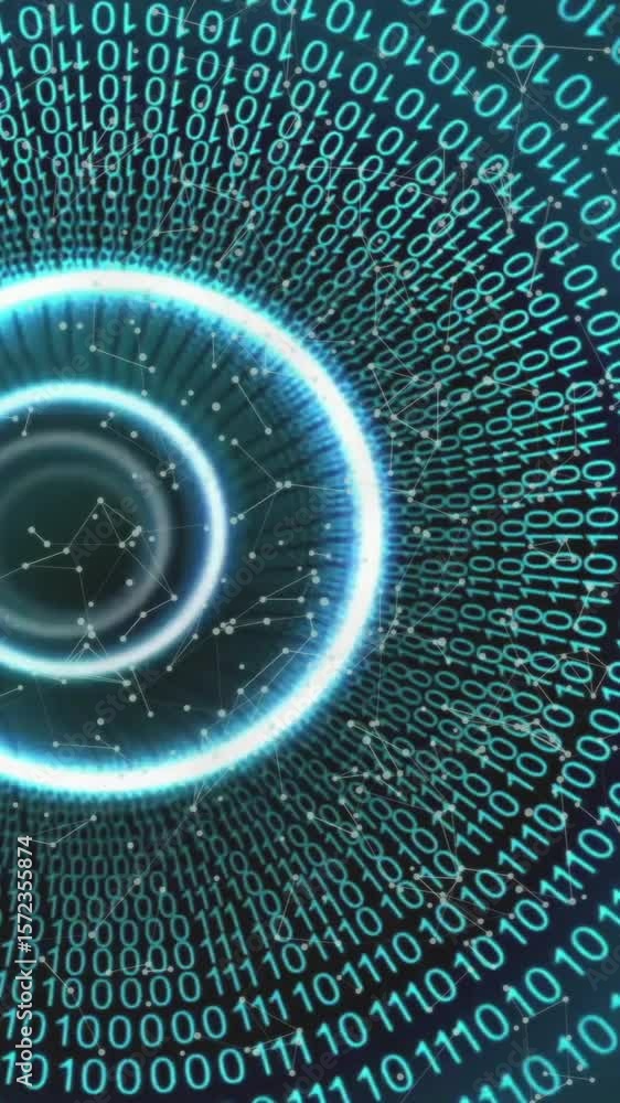 Poster binary code tunnel animation with glowing concentric circles