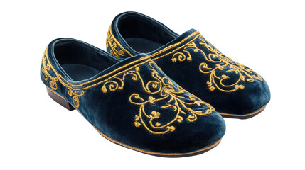 Velvet slippers with gold embroidery, background isolated on a Transparent background, PNG file.