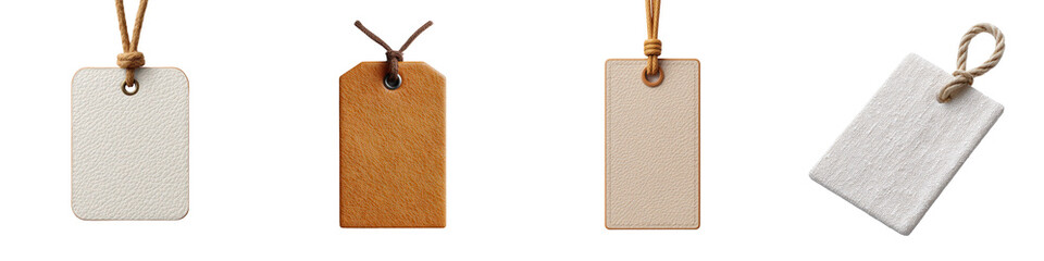 Leather tag assortment showcasing product identification, representing retail brand quality and handcrafted detail, highlighting consumer shopping selection