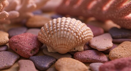 Close-up of a Pink Seashell Among Colorful Pebbles and Coral