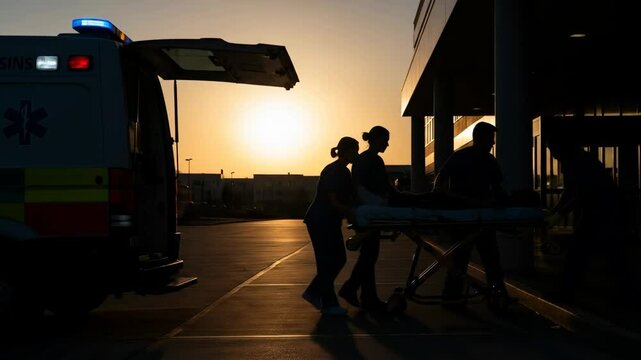 Emergency Medical Team Transporting Patient at Sunset - Silhouetted medical personnel wheel a patient on a stretcher towards a hospital entrance at sunset.