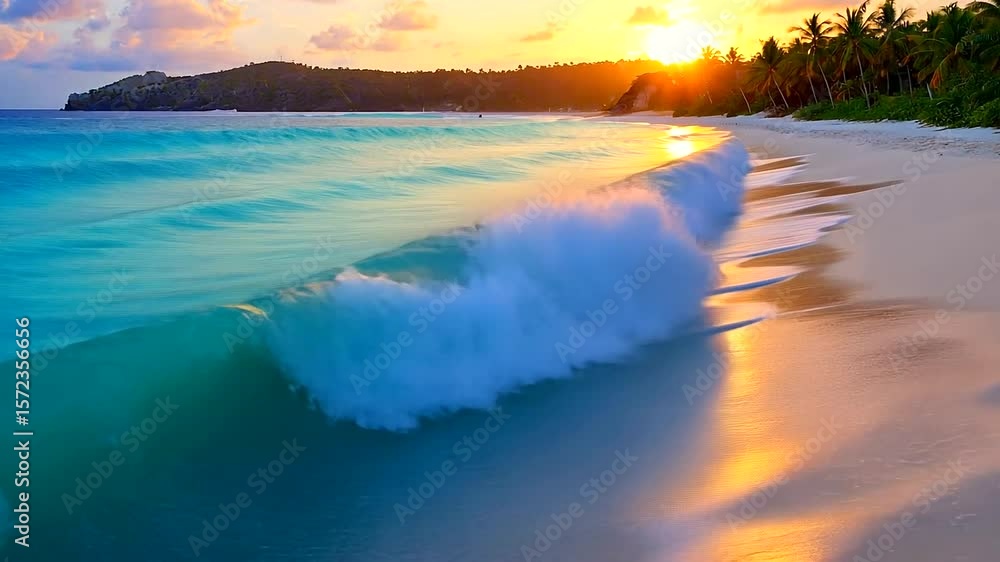 Poster serene beach at sunset with gentle waves lapping the shore and palm trees in the background