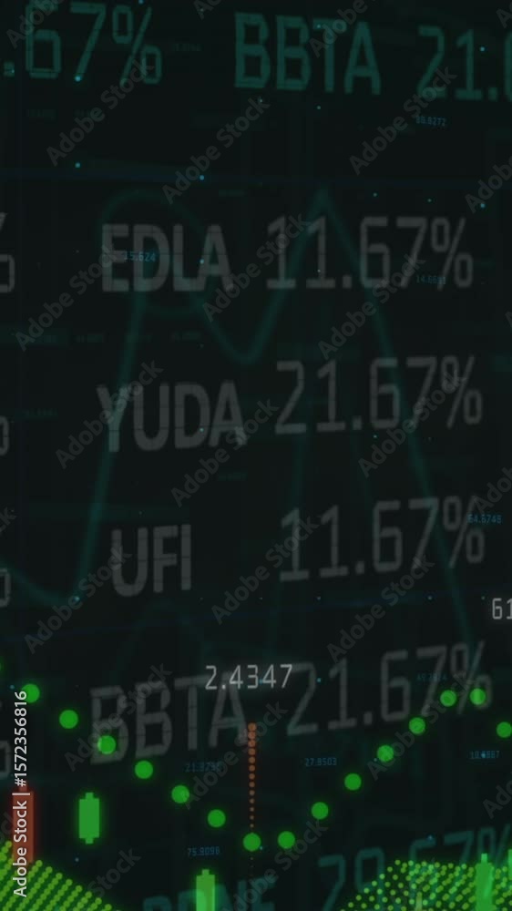 Poster animation of financial data and graphs over black background