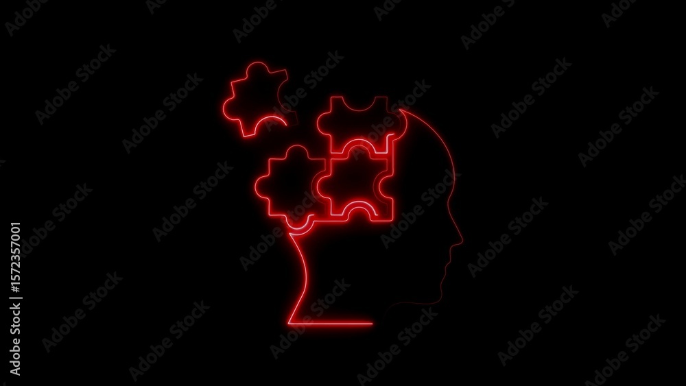 Poster glowing red silhouette illustrating the concept of brainstorming and problem solving with puzzle pie