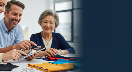 Creative Team Collaborating on Jewelry and Textile Design Using Digital Tablet — Diverse Professionals Discussing Colorful Fabric Samples and Accessories in Modern Bright Office