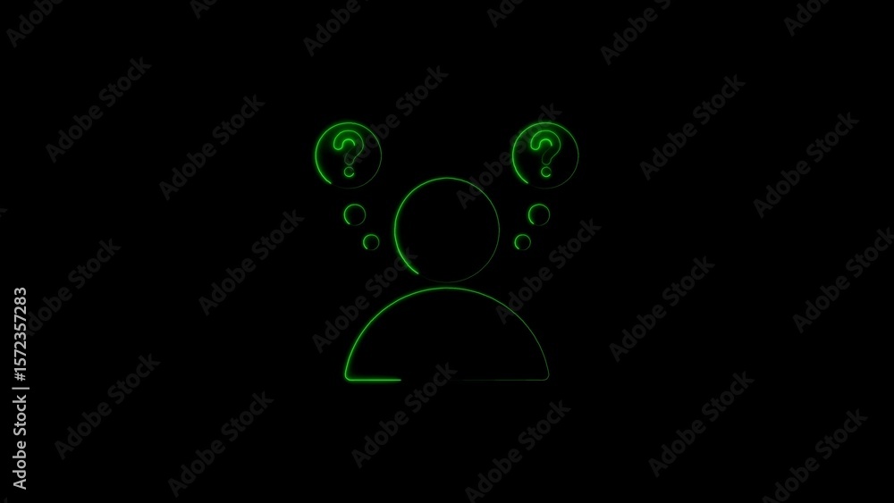 Poster person profile silhouette with question marks suggesting uncertainty and questioning in dark space