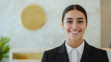 Warm Welcome: Smiling Hotel Staff Providing Exceptional Customer Service Experience at Reception with Copy Space