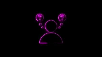 A neon silhouette of a person with question marks displaying thoughts on a dark background
