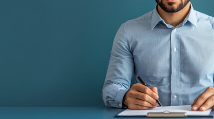 Modern Business Receptionist Assisting Client with Forms in Office Setting with Copy Space