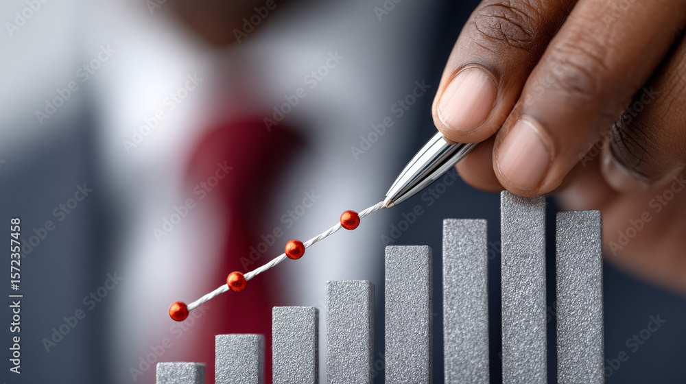 Poster businessman hand demonstrating growth with chart visualization and point markers in professional set