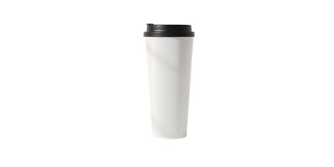 A white tumbler with a black lid stands against a stark black background centered shot on transparent background