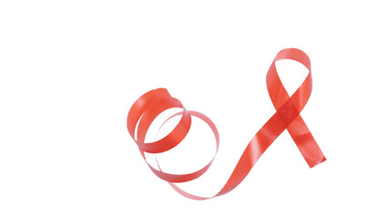 Curled long red ribbon as symbol of HIV AIDS awareness isolated on white background