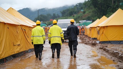 Community Volunteers Organizing Family Tents in Flood-Affected Area
