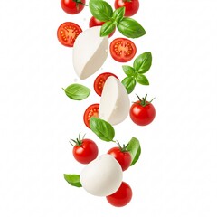Naklejka premium Mozzarella, tomatoes, and basil, falling dynamically, creating an appetizing image of Italian cuisine,