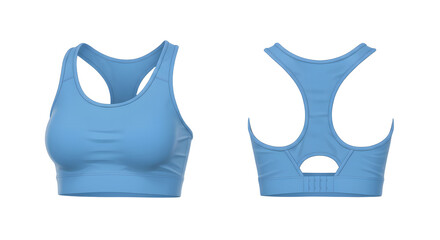 A pair of stylish blue sports bras displayed from multiple angles, showcasing design and fit for activewear enthusiasts