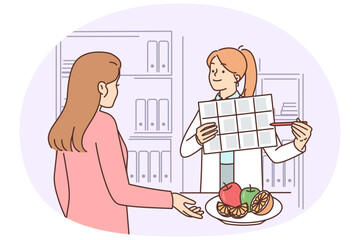 Woman receives advice from nutritionist on nutrition and diet to lose weight or improve health