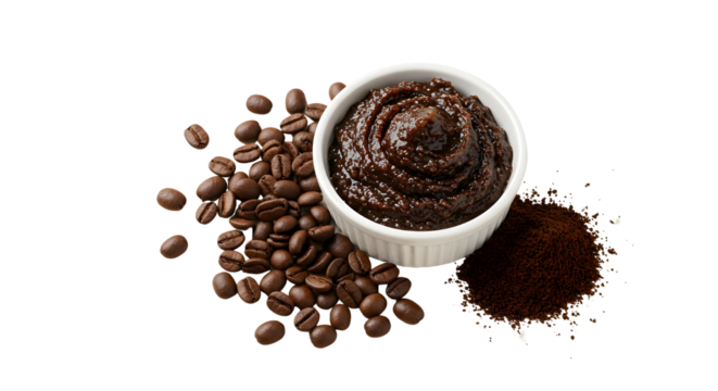Ground Coffee and Coffee Beans with Scrub Coffee based exfoliating scrub surrounded by roasted beans and grounds rich visual for invigorating skincare content