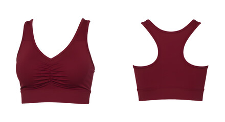 A stylish maroon sports bra displayed from both front and back angles, showcasing its design and fabric texture