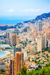 Close-up aerial of Monaco and city centre Monte-Carlo, the European symbol resort for exclusive...