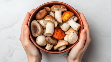 Rustic Ceramic Bowl with Assorted Dried Fungi Mix for Culinary Advertisement ,Dried mushrooms, processed.