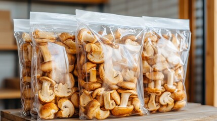 Freshly Sealed Dried Mushroom Bags Ready for Online Grocery Store Delivery, Dried mushrooms, processed.