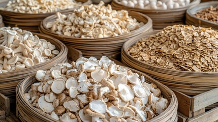 Rows of Dried Mushrooms on Bamboo Trays - Traditional Food Preservation Method ,Dried mushrooms, processed.