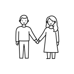 Young couple holding hands and smiling in simple line drawing  