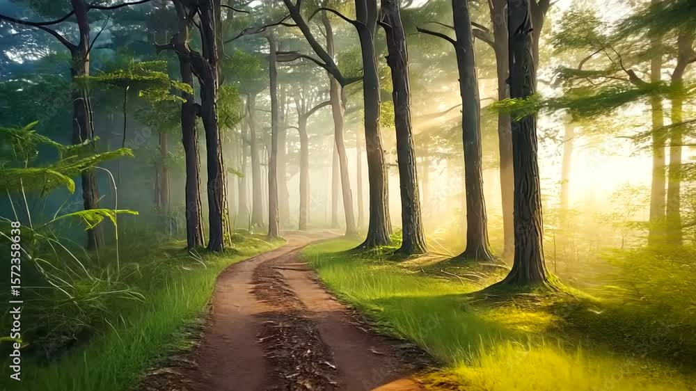 Aufkleber serene forest path winding through tall trees with sunlight filtering through foliage
