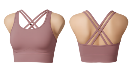 Stylish and comfortable sports bra displayed from front and back, showcasing its unique design and fabric texture