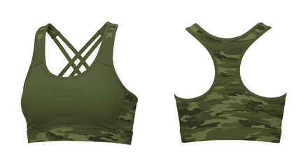 Stylish olive green camouflage sports bra featuring a crisscross back design, perfect for activewear and fitness enthusiasts