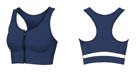 Stylish navy sports bra with zipper, showcasing a sleek design perfect for workouts, set against a minimalistic background
