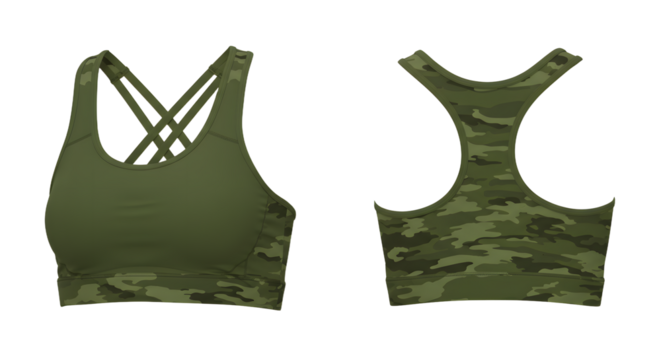 Stylish olive green camouflage sports bra featuring a crisscross back design, perfect for activewear and fitness enthusiasts