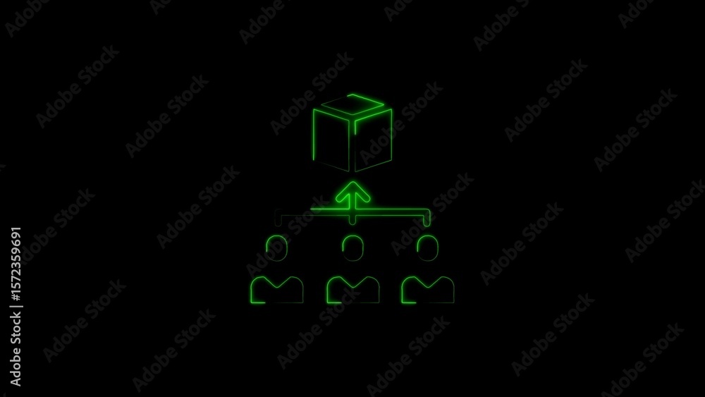 Poster neon green organizational chart representing team structure and process flow on black backdrop