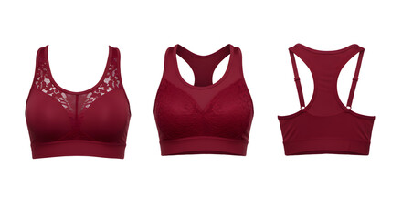 Three stylish burgundy bras displayed on a clean background, showcasing different designs and textures for fashion use