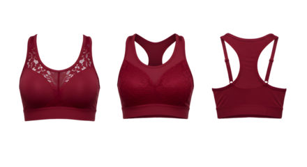 Three stylish burgundy bras displayed on a clean background, showcasing different designs and textures for fashion use