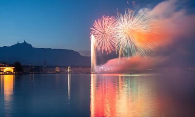 Spectacular Fireworks Display Over Water Geneva City Celebration Event